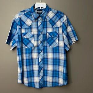 Wrangler Western Shirt Men XL Blue Plaid Short Sleeve Pearl Snap 2 Pocket